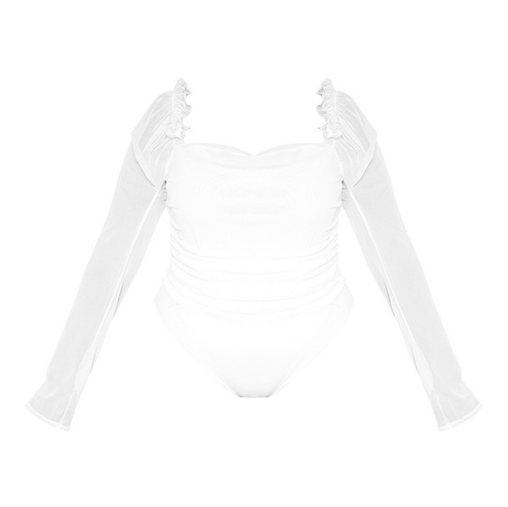 Pretty Little Thing Plus Size White Mesh Ruched Frill Ruffle Longsleeve Bodysuit - Picture 3 of 16